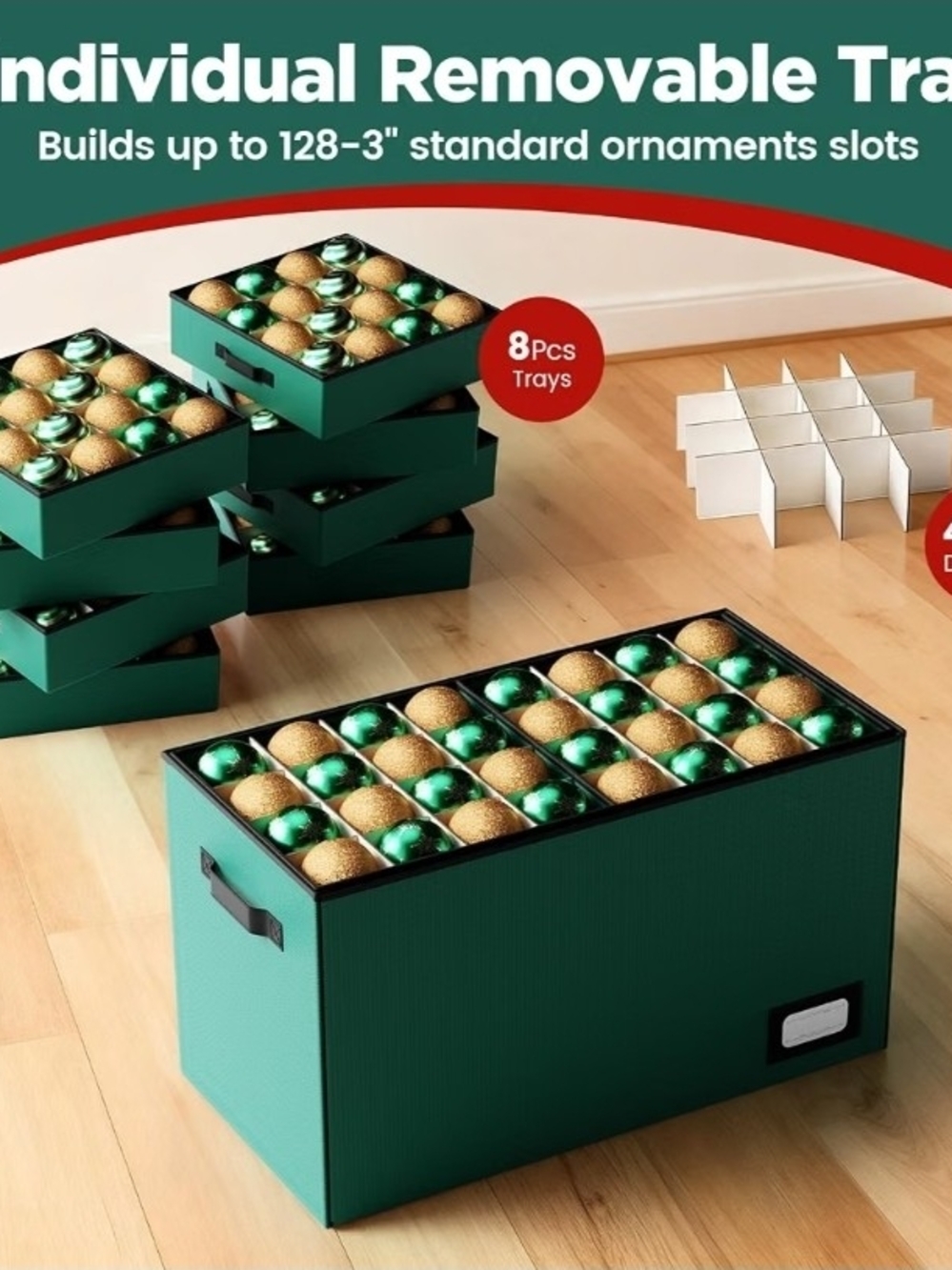 Green Holiday Ornament Storage Organizer with Drawers - Picture 5 of 5